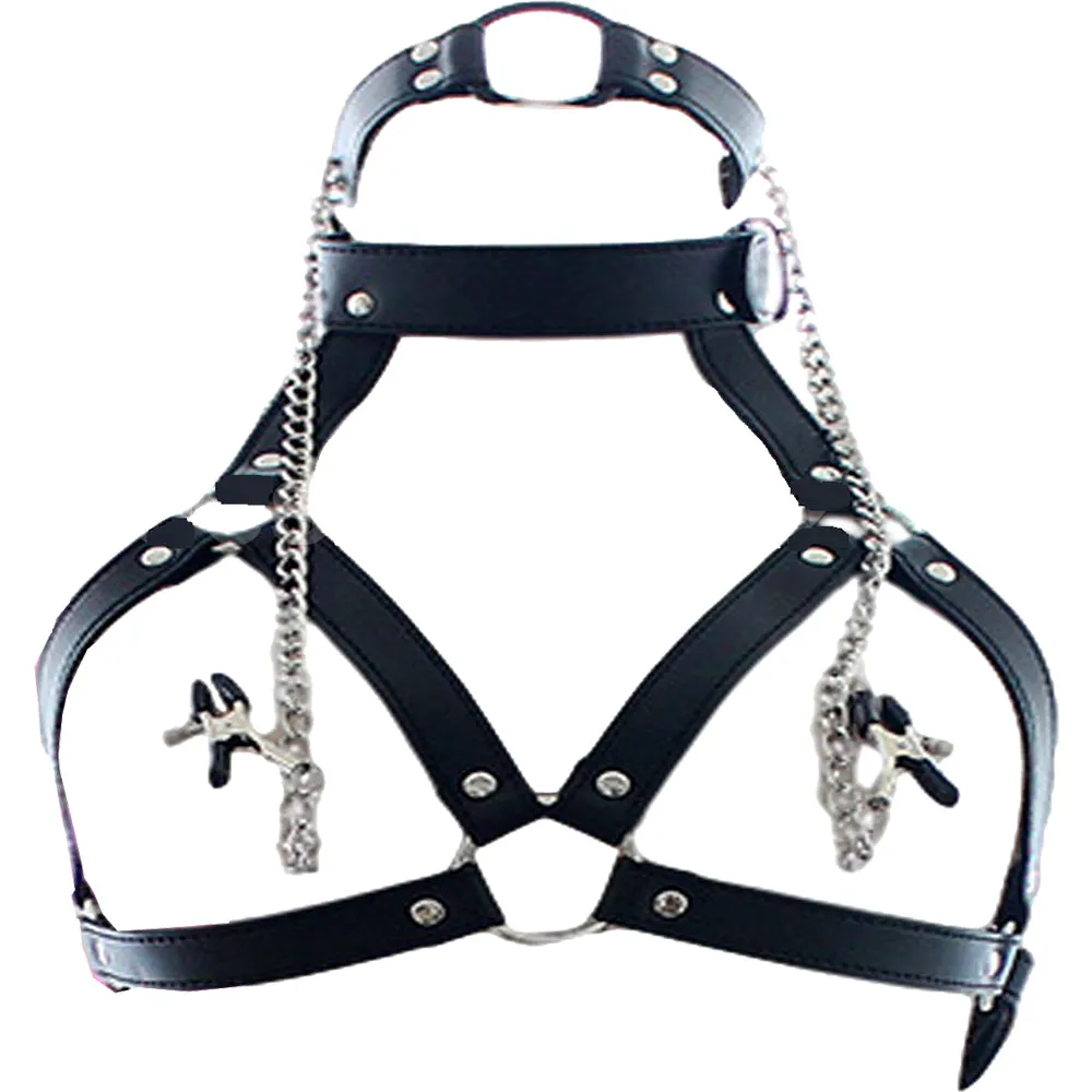 BDSM Slave Bra Open Mouth Gag Nipple Clamps Bondage Restraint Faux Leather