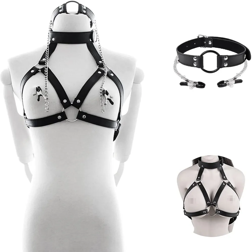 BDSM Slave Bra Open Mouth Gag Nipple Clamps Bondage Restraint Faux Leather