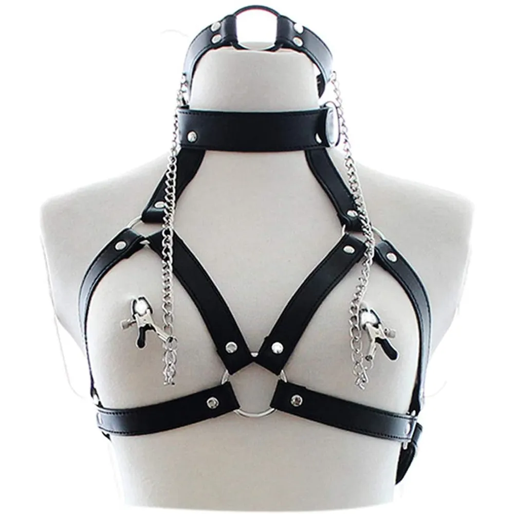 BDSM Slave Bra Open Mouth Gag Nipple Clamps Bondage Restraint Faux Leather