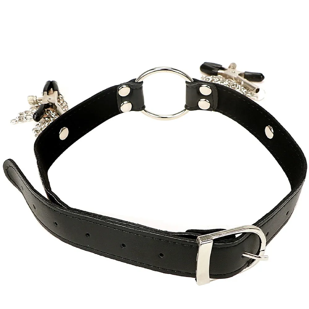 BDSM Slave Bra Open Mouth Gag Nipple Clamps Bondage Restraint Faux Leather