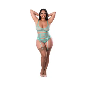 Magic Silk Soft Petals Bralette. Waist Cincher and Panty Set Aqua Queen Size