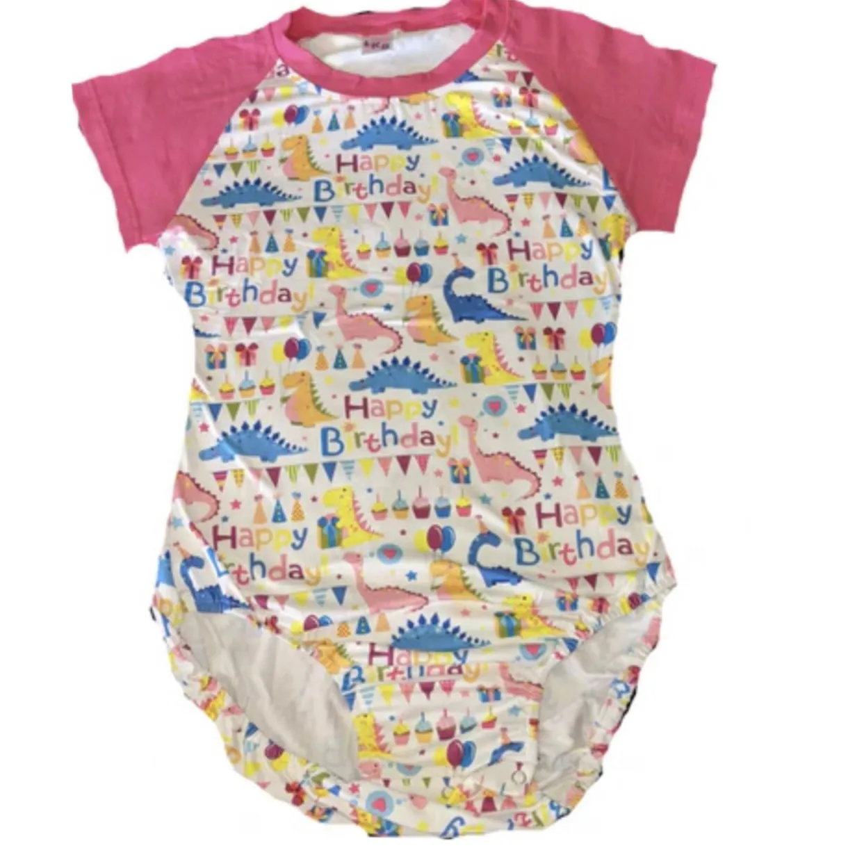 Pink Happy Birthday Dinosaur Bodysuit