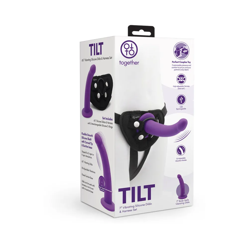 Together Tilt 6.5 in. Silicone Dildo and Harness Set Purple